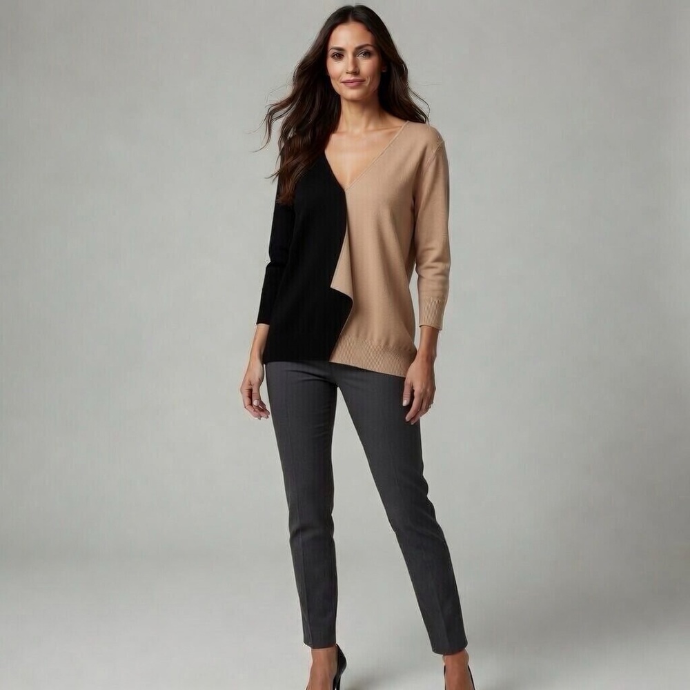 NWT New York & Company Black & Camel Colorblock V-Neck 3/4 Sleeve Sweater Sz XL